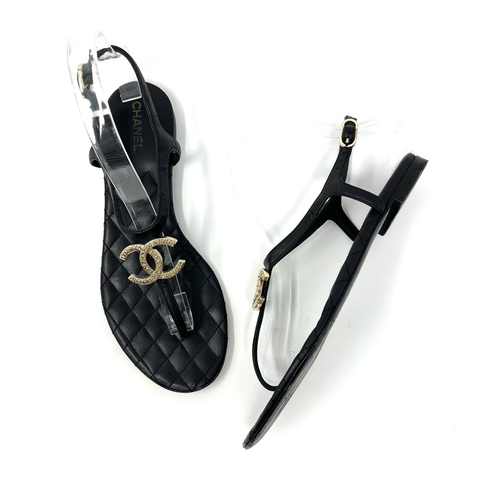 Chanel CC Logo Quilted Flat Thong T Strap Day Sandals Shoes Black Gold 37 6 6.5 - Picture 12 of 12